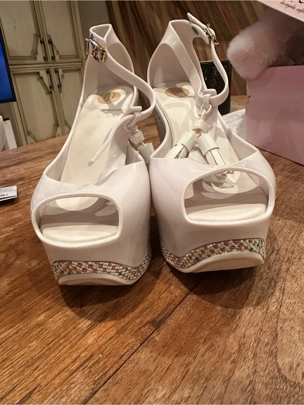 Melissa White Platform Peep-Toe Wedge Sandals with Beaded Trim